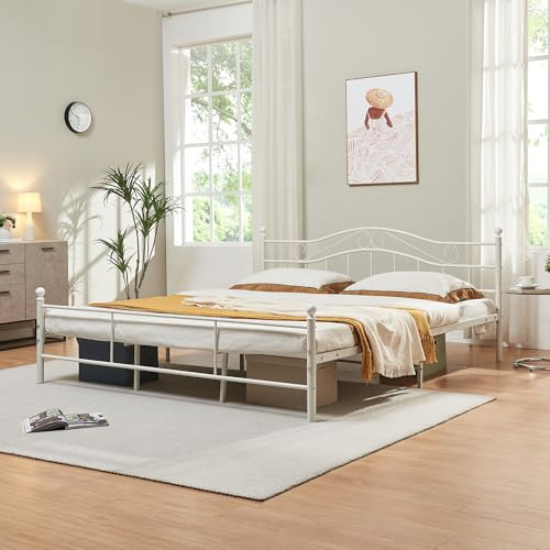 [en.casa] Struttura Letto in Acciaio con Testiera Alta Decorativa e Pediera Letto Matrimoniale King Size con Zona di Riposo 180 x 200 cm Bianco