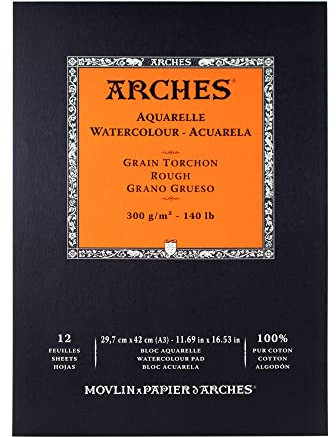 Arches 1795104 Aquarellpapier im Block (A3: 42 x 29,7 cm, Kopfgeleimt, 300g/m² Grobkorn) 12 Blatt naturweiß