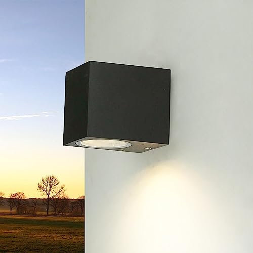 Licht-Erlebnisse Wandlampe Außen Glas Aluminium Schwarz IP44 für Terrasse Haus B:6,8 cm GU10 einflammig Downlight Moderne Außenwandleuchte Garten AALBORG