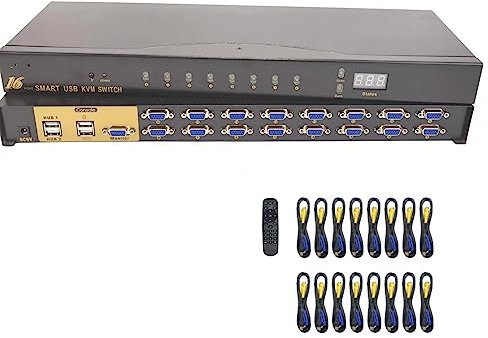 USB VGA KVM Switch,KVM switch 16-Port VGA 16 in 1 out projector video display remote control with 16 original VGA cable:For Win98/ME/2KP4/XP/2003,Linux,MAC(16 ports)
