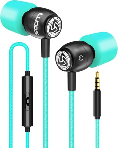 LUDOS Clamor Trådbundna in-ear-hörlurar med kabel och mikrofon, bas, premiumljudkvalitet, minnesskum, förstärkt kabel, hörlurar med volymkontroll