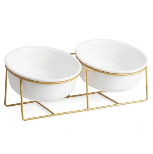 Bebedero y Comedero Perro Elevado - Doble Cuenco Perro Ceramica con Soporte de Metal - Comedero Gato Alto Antivomito - Bol de Comida y Agua para Perros Pequeños y Medianos y Gatos Grandes - 2 x 800 ml