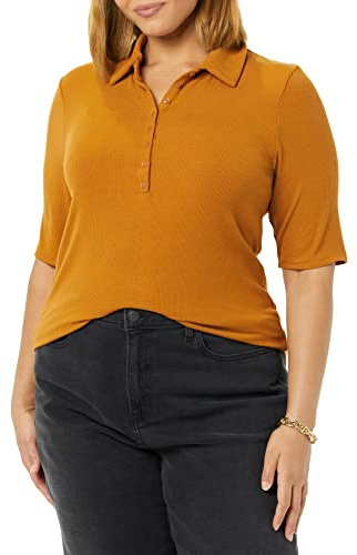 Amazon Essentials Women's Fine Rib Polo Shirt (Previously Daily Ritual), Dark Caramel, X-Large