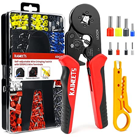 KAIWEETS Crimping Tools Set，Ferrule Crimping Tool 0.25-10 mm²(AWG 23-7) with 1200PCS Terminal Connector Sleeves，Self-Adjustable Ratchet Wire Crimping Tool，Crimping Connectors Wire End Ferrules