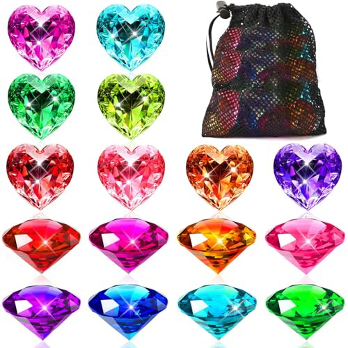 MARFOREVER Big Pool Toys, 16Pcs Colorful Diamond Gemstones Diving Jewels Pool Gems with Mesh Bag for Beach Underwater Throw Game Swimming Training Summer Party Favors