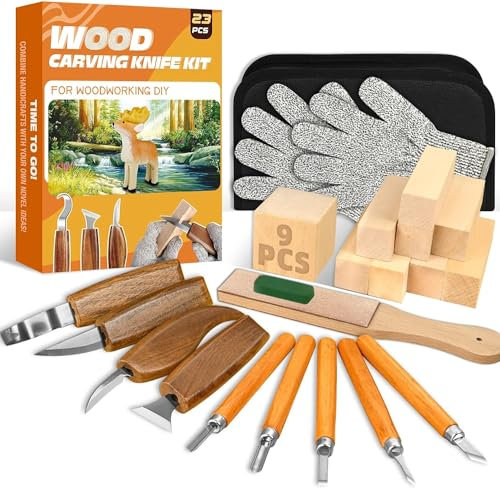 23-teiliges Holzschnitzset, Holzschnitzset mit 4 großen Holzschnitzmessern, 5 Detailmessern, Sicherheitshandschuhen und PU-Tasche, Holzschnitzwerkzeug-Set für Anfänger