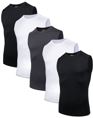AMZSPORT Confezione da 5 Canotte da Uomo Traspiranti Maglia a Compressione, Maglia Funzionale, Maglia da Corsa, Canotta Senza Maniche per Sport, Palestra, Fitness e Running Nero Bianco Grigio L