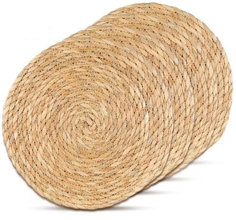 Juego de 4 manteles individuales redondos de jacinto de agua: WANDGU Juego de 4 posavasos decorativos de 30 cm, decoración de salón, posavasos trenzados para comida caliente, manteles individuales