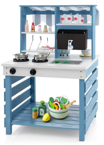 HOMASIS 2 en 1 Cuisine en Bois Double Face pour Enfants, Jouet d'Imitation pour Enfant avec Auvent, Evier Amovible, Réservoir d’Eau et Robinet, Ensemble de Cuisine d'Extérieur de Sapin,pour Enfants