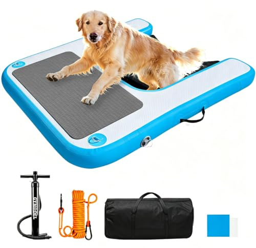 Plataforma de muelle inflable para perros, escalera flotante grande para perros de hasta 200 libras, rampa de agua para perros, PVC antideslizante con rampa de barco para piscina, muelle y lago