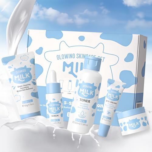LAIKOU Milk Skincare Set, 5Pcs Nourishing Face Care Routine Kit | Cleanser, Toner, Serum, Eye Cream & Moisturizer, Birthday Christmas Pamper Gift for Teenage Girls Women Travel Sized