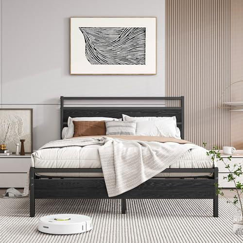 BORPHOM Bettrahmen Metallbett 140x200 Bettgestell aus Metall mit Lattenrost,Doppelbett 140x200 mit Holz Kopfteil,Gästebett Jugendbett,für Schlafzimmer Gästezimmer,Stauraum unter dem Bett,Schwarz