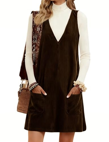 Hooever Women Corduroy Overall Dress V Neck A Line Skirtall Jumper Mini Dress Pinafore with Pockets (Brown-M)
