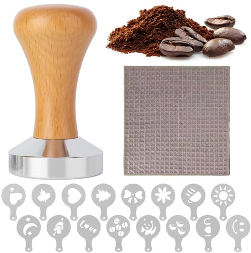 18PCS Coffee Tamper，51mm Tamper，Coffee Stamp Stencil,Fiber Cloth, Espresso Making Tools with Ergonomic Wood Handle, Flat Base Barista Tampers for Coffee Grounds, Compatible with Espresso Machines
