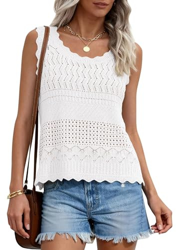 PRETTYGARDEN Womens Crochet Tank Tops 2026 Summer Spring Boho Sleeveless Cute Knit Sweater Vest Trendy Beach Vacation Clothes (White,X-Large)