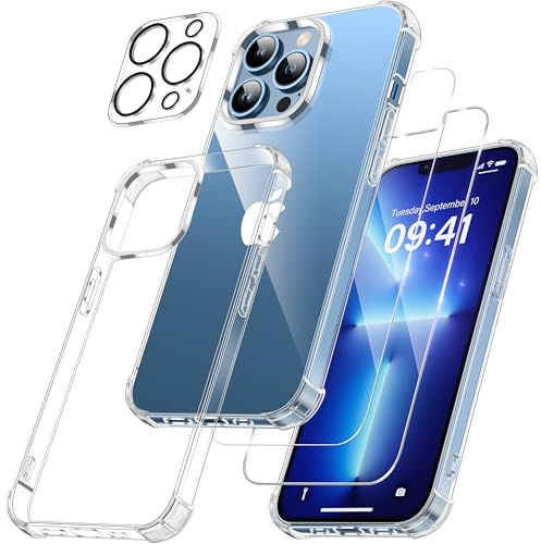 FLLAO 4 en 1 Coque pour iPhone 13 Pro avec 2 Verre Trempé et 1 Caméra Protecteur, [Coussin d'air Intégré] Antichoc Antirayures Bumper Protection Housse pour iPhone 13 Pro 6.1, Transparent