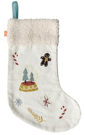 kikadu Nikolausstiefel Schneekugel – Weihnachtsstrumpf zum Befüllen aus 100% Bio‑Baumwolle, Bestickt, 39×19 cm, mit Aufhängeschlaufe – Weihnachtsdeko für Kamin/Tür/Kinderzimmer