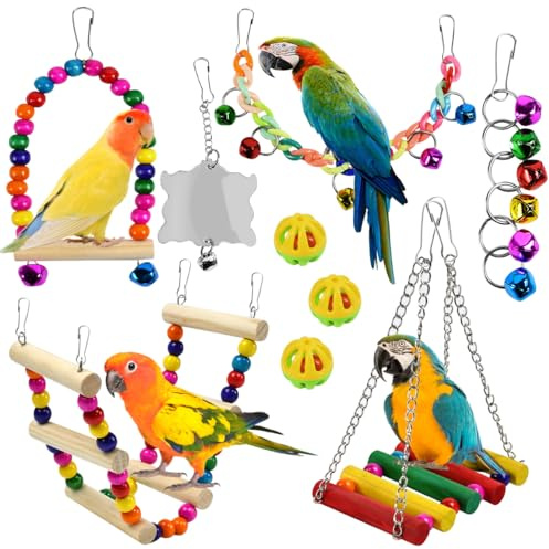 KAGEYMB Lot de 9 jouets à mâcher pour perroquet avec balançoire, hamac, cloches, échelle, miroir, jouets à mâcher pour perruches, perruches, perruches, accessoires de cage à oiseaux