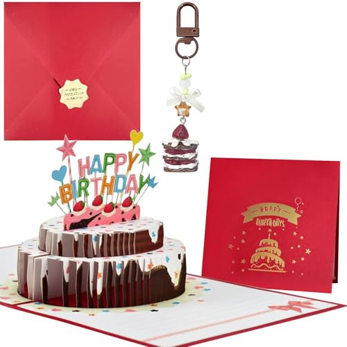 FAYAHAR Pop Up Födelsedagskort, 3D-vykort med kuvert och tårtformad nyckelring, Happy Birthday Pop Up Card för familj, vänner och kollegor (röd)