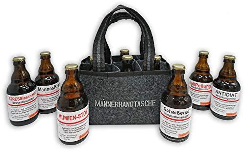 QUATSCHmanufaktur Bier Männerhandtasche Medizin/Männergeschenk gefüllt mit 6 Bier Flaschen in der Filztasche/Bier Geschenke für Männer 6 × 0,33 l Bier