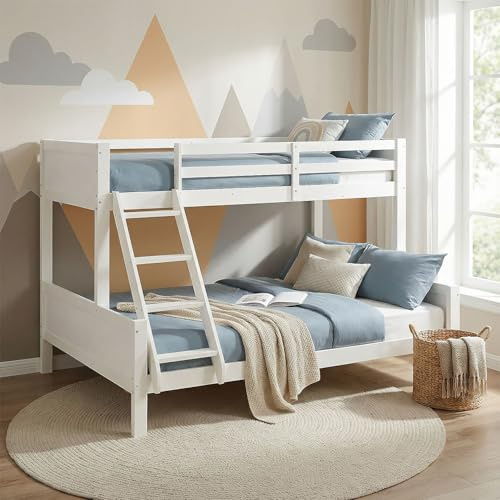 Homestyle4u Kinderbett Etagenbett 2 Kinder 90x200 und 140x200 mit Lattenrost und 2 Matratzen, Hochbett Weiß Holz Kiefer | Artikel 2064