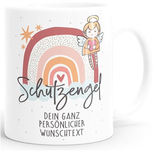 SpecialMe® Kaffee-Tasse Schutzengel Regenbogen personalisierbar mit Wunschtext Geschenk eigene Worte Glücksbringer Weiss-rot standard