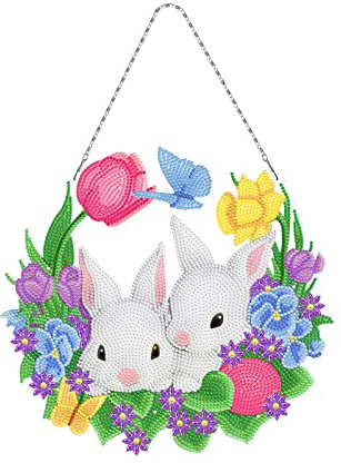 EXQULEG Diamond Painting Kranz Ostern Deko, 5D Diamond Painting Kits, DIY Diamant Painting Anhänger Hase Ostereier mit Hängekette, Diamant Malerei Bilder für Wand Und Eingang Dekoration (YH309)