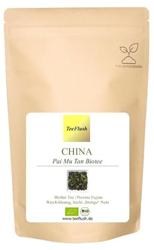China Pai Mu Tan - Weißer Tee - Spezialität, Bio, 100g, Ernte 2024, Hellbraune Tasse, weich-blumig, leicht „brotige“ Note