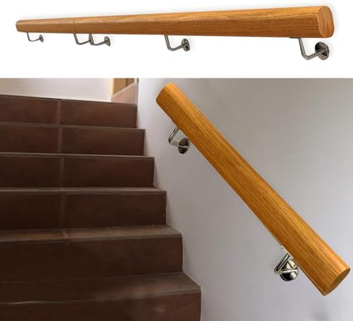 GArcan Hölzerner Handlauf für Treppen, 1 m, 2 m, 3 m, 4 m, Treppengeländer-Geländer-Set mit Edelstahl-Halterungen, Handläufe für den Innenbereich, Sicherheitswandstütze für Korridor-Loft-Stangen, S