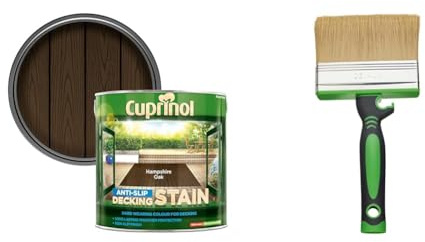 Cuprinol 5092620 2.5L Anti Slip Decking Stain Hampshire Oak & Fit for The Job 4 inch Large Capacity Shed and Fence Block Brush for Rapid Painting of Sheds & Fence