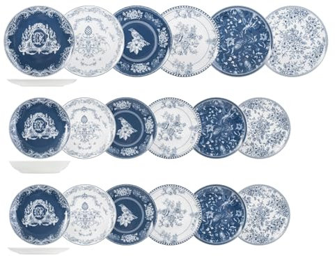 H&H, servizio tavola 18 pezzi Chelsea Garden, set tavola per 6 persone, elegante ed eclettico, stile inglese, decori blu e bianchi, in porcellana, lavabile in lavastoviglie