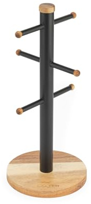 Salter Toronto Mug Tree & Kitchen Roll Holder - Acacia Wood Countertop Stand, 6 Brand Display for Coffee Mugs, Freestanding, Kitchen Storage, Worktop Organiser, Black