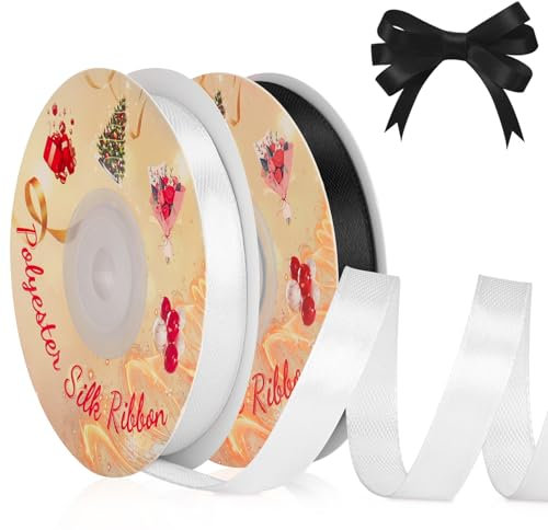 VynyQoo 2 Rollen 10mm Satinband Breite, Schwarz und Weiß Geschenkband, 22M Einseitig Satin Band, Satinbänder für Bänder zum Basteln, Geschenkdeko, Hochzeits- und Geburtstagsgeschenke