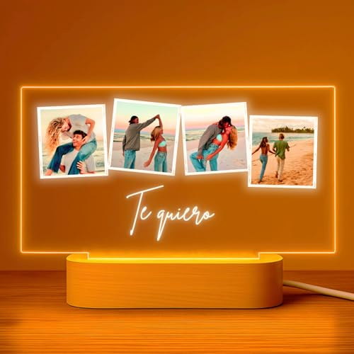 Cristal Plaque Lampara Personalizada con 4 Fotos y Mensaje – Placa Metacrilato con Luz LED y Base Madera USB – Regalo Cumpleaños, Boda y Aniversario