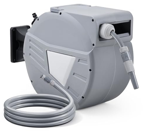 Warmiehomy Wall Mounted Garden Hose Reel 20+2M, Lightweight Hose Reel with Sprayer Nozzle for Plant Water/Pet Shower/Car Wash, Hose Pipe Reel with 180°Swivel Bracket & Auto Rewind System Design