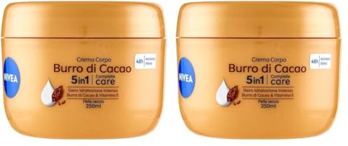 NIVEA Crema Corpo Burro di Cacao 250ml, Crema corpo idratante 48 ore, Crema corpo idratante pelle secca arricchita con Siero Idratazione Intensa, Burro di Cacao & Vitamina E (Confezione da 2)