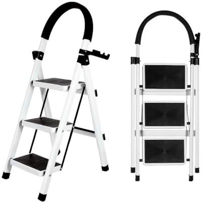 OHMG Escabeau en Acier 3 Marches Tabouret Marche Pied Pliant Echelle avec Pieds Anti Dérapant Max 150kg,Échelle Pliable avec Marches et Pieds Antidérapants,Charge 150 kg