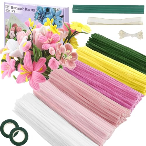 400 Pcs Pipe Cleaners for Craft Flowers Colorful Pipe Cleaners with 20 pcs Green Floral Wires, 2 pcs Florist Tape,100 Pcs Stamen for DIY Arts & Crafts Decorations (Colorful)