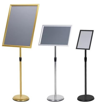 Reklamställ med robust metallbas, golvskyltställ justerbart affischställ aluminium snäppram menystativ utbytbart reklamställ (silver, A3)