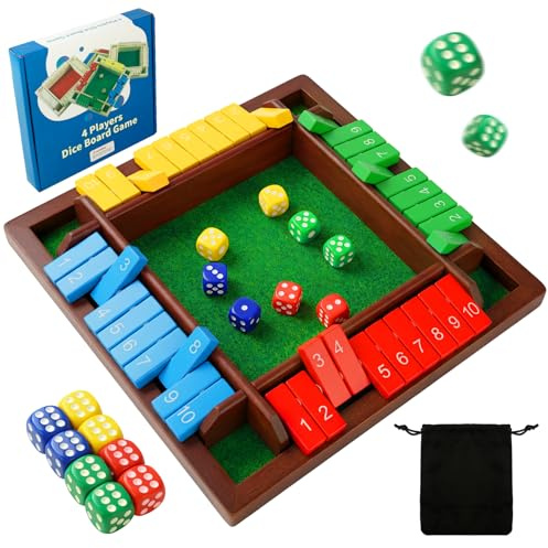 Astrolin Shut The Box Dice Game for 2-4 Players, Wooden Board Tabletop Math and Strategy Game with 8 Dice and Velvet Storage Bag, Classic Family Board Game for Home, Party or Pub, Brown
