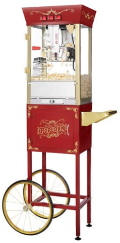 Matinee Popcorn Machine with Cart - 8oz Popper with Stainless-Steel Kettle, Warming Light, and Accessories by Great Northern Popcorn (Red)