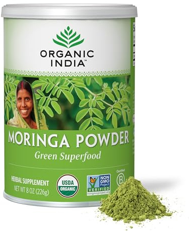 Organic India Moringa Herbal Supplement Powder - Green Superfood, Nutrient Dense, Pure Plant Protein, Vitamin A, E, K, Iron, Calcium, Fiber, Vegan, Gluten-Free, USDA Certified Organic - 8 oz Canister
