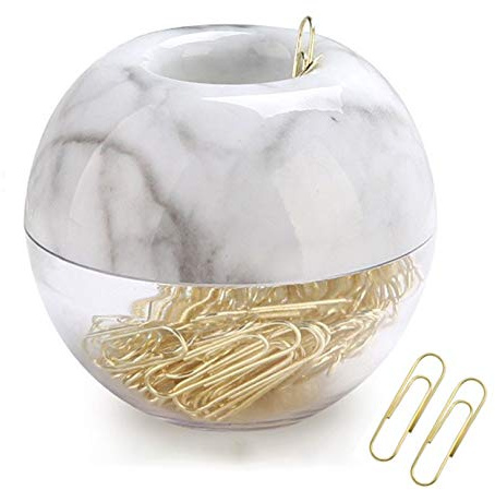 Magnetic Paper Clip Holder, Marble White holder with Gold PaperClips 100pcs 28mm(1.1) Cute Office Supplies for Desk Organizer