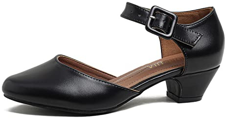 LIURUIJIA Women's Closed Toe Low Chunky Heel Pumps Ankle Strap Dress Shoes for Work Wedding Party Black Matte 40 US 8