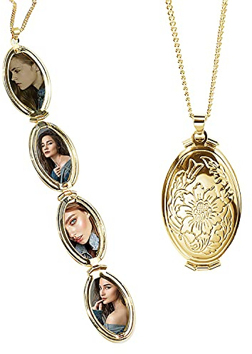 TOFBS Collana da Donna Medaglione Ciondolo Apribile Locket Portafoto Pendente in Acciaio Inox Rotondo Vintage Collana di Foto Argento Regalo per Ragazze Donne (Oro*4 foto)