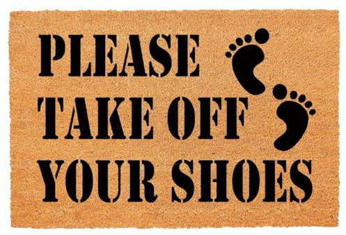 FAGGMY Funny Coir Doormat Please Take Off Your Shoes Entryway Outdoor Floor Door Mat with Heavy Duty Front Porch Welcome Mats Natural Coconut Brown Mat 23.6 x 15.7 Inch