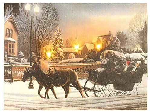 Nexos Trading LED Wandbild Beleuchtung 30x40 cm Bescherung Weihnachtsschlitten 3 LED Fotodruck Kunstdruck Leuchtbild Weihnachten Batterie Timer 20 Effekt-LED Weihnachtsabend