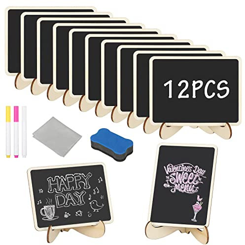 12Pcs Mini Chalkboard Signs, Chalk Boards for Tables, Wooden Memo Chalkboard Place Cards Food Signs Blackboards for Message Signs Place Cards Table Numbers Shop Buffet Cafe Wedding