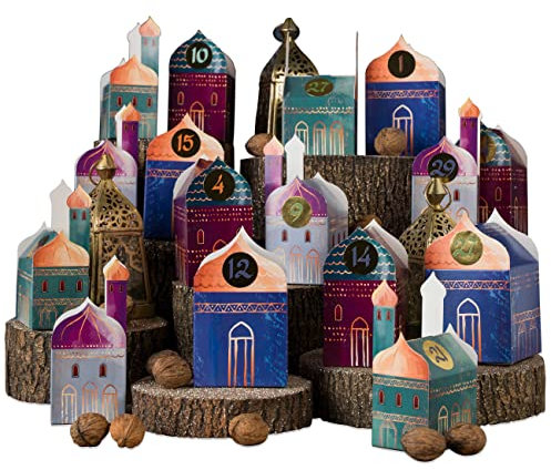 Papierdrachen DIY Ramadan Kalender zum Basteln und Befüllen - Häuser - 30 bunte Falt-Schachteln zum Dekorieren - 30 Geschenk-Boxen - Eid Mubarak - wiederverwendbar - Set 1