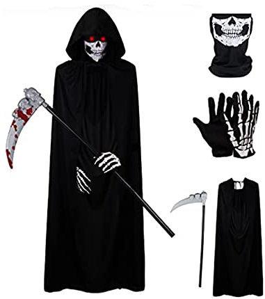Soochat 4 Pcs Halloween Grim Reaper Costume Set, Black Velvet Hooded Cape, Skull Face Mask, Skeleton Hand Gloves, and Grim Reaper Scythe Death Scythe Staff, Cosplay Costume Props